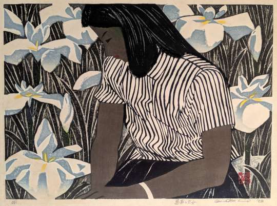 Hashimoto Okiie “Irises and Young Woman” woodblock print thumbnail