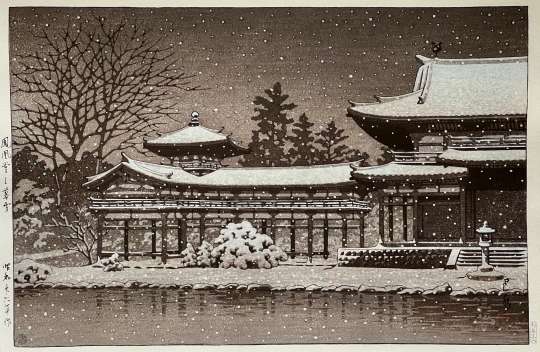 Kawase Hasui “Evening Snow at Phoenix Hall” woodblock print thumbnail