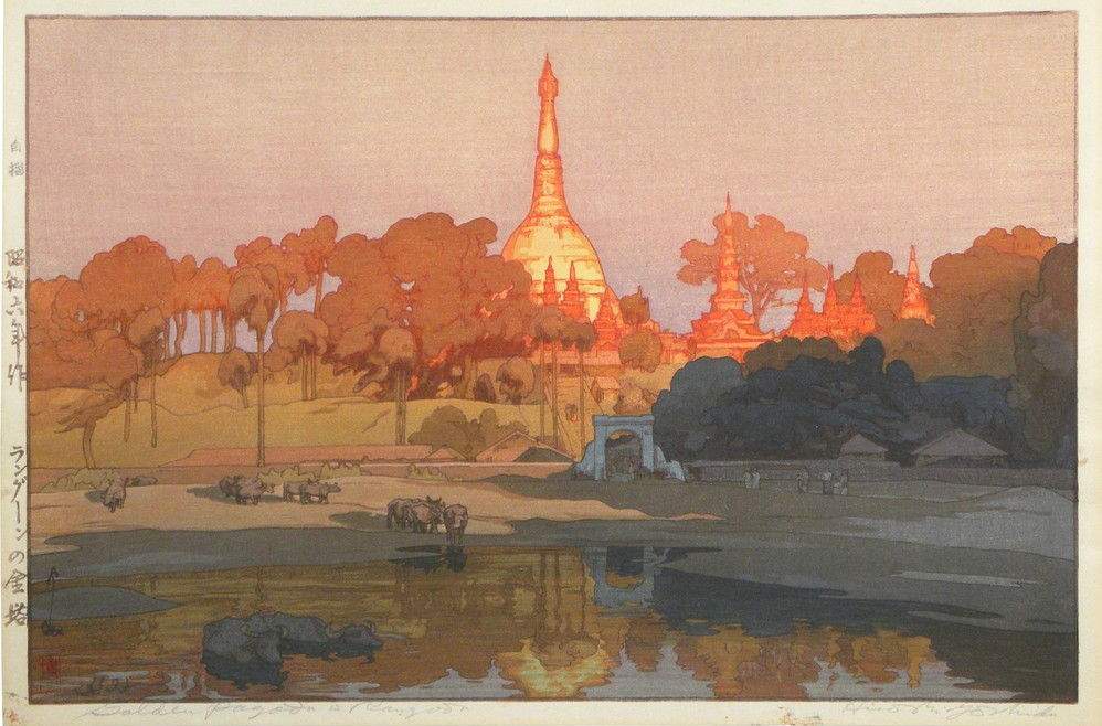 Golden Pagoda in Rangoon woodblock print